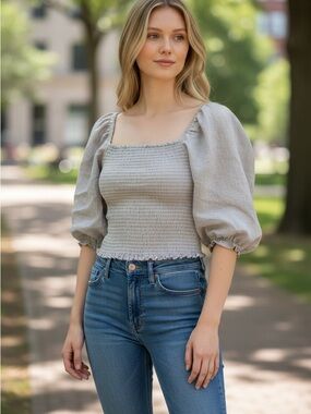 Reformation Clementine 100% linen Smocked Square-Neck Puff Sleeve Crop Top